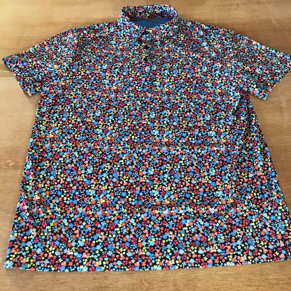 Birdie Bound Performance Polo Shirt Men L Blue Floral Short Sleeve Athleisure - Picture 1 of 10
